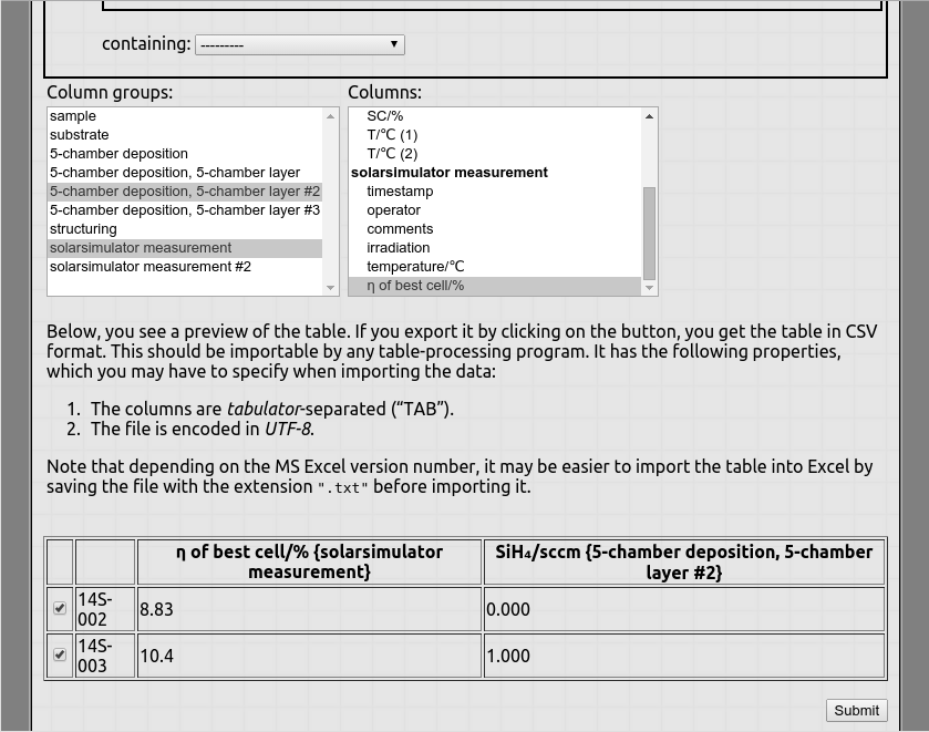 CSV export screenshot