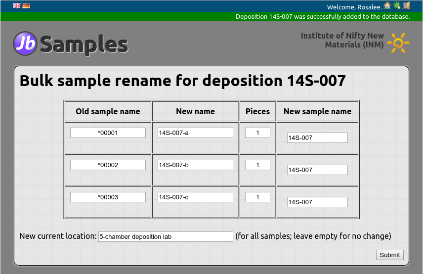 Rename after deposition screenshot