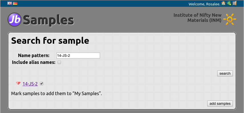 Search for sample by name screenshot